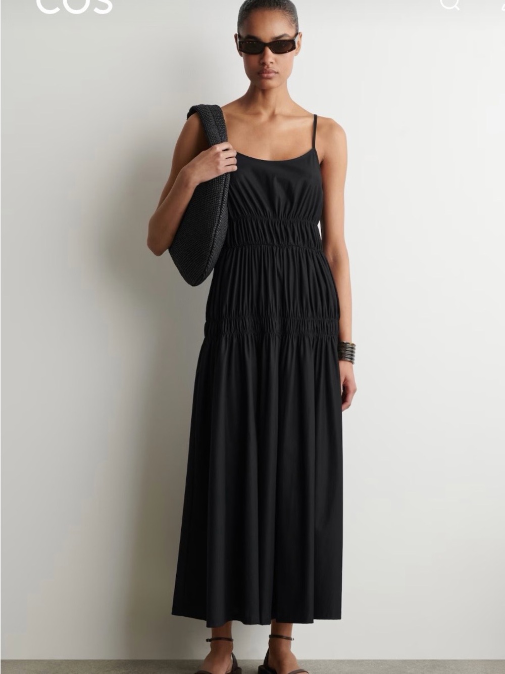 COS Black Spaghetti-Strap Midi Dress with Gathered Waist